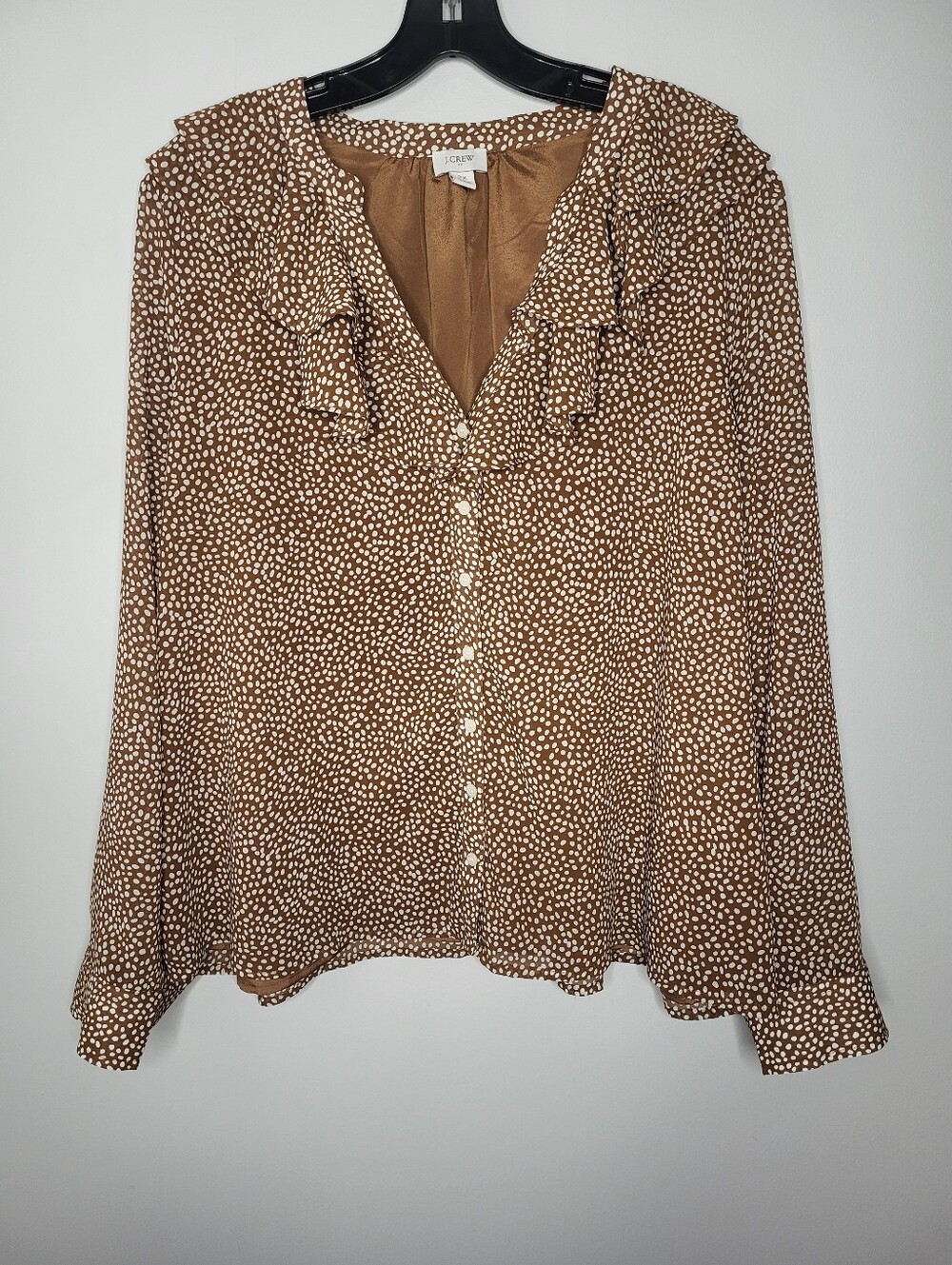 J.Crew Brown Ivory Dotted Ruffle Button Front Blouse 2X